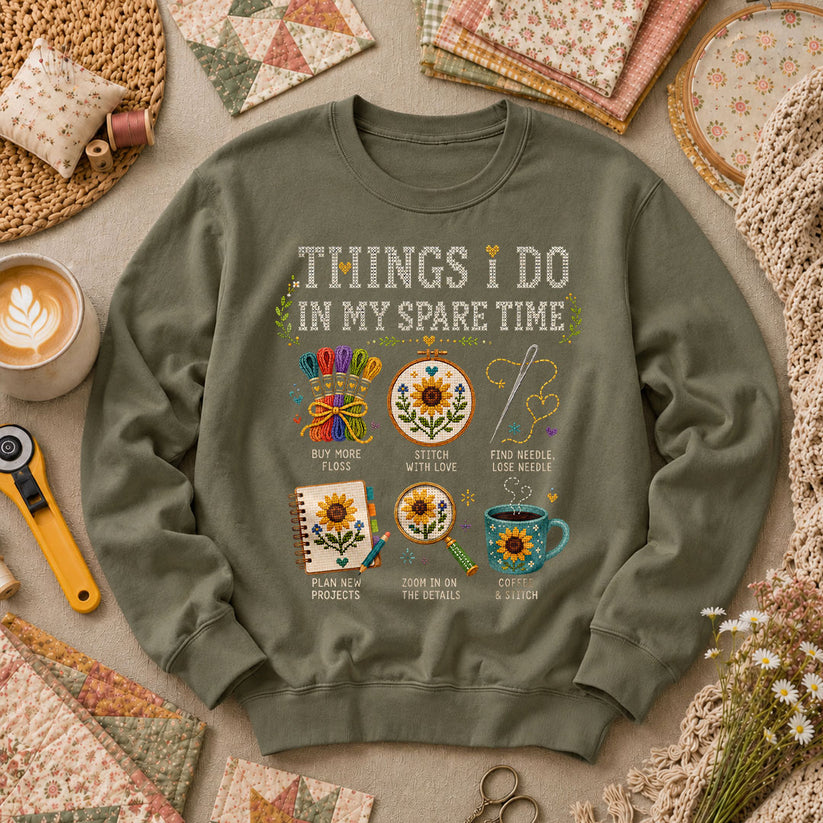 Things I Do In My Spare Time Cross Stitch Long Sleeve - Military Green