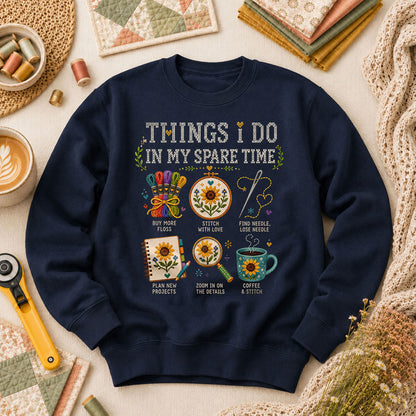 Things I Do In My Spare Time Cross Stitch Long Sleeve - Navy