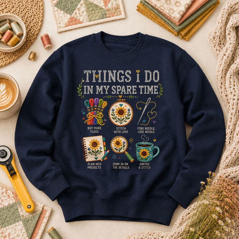 Things I Do In My Spare Time Cross Stitch Long Sleeve - Navy