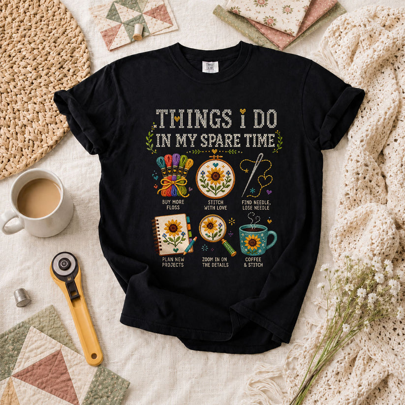 Things I Do In My Spare Time Cross Stitch T-Shirt - Black