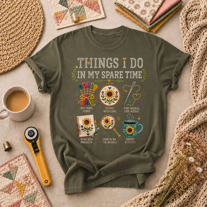 Things I Do In My Spare Time Cross Stitch T-Shirt - Military Green