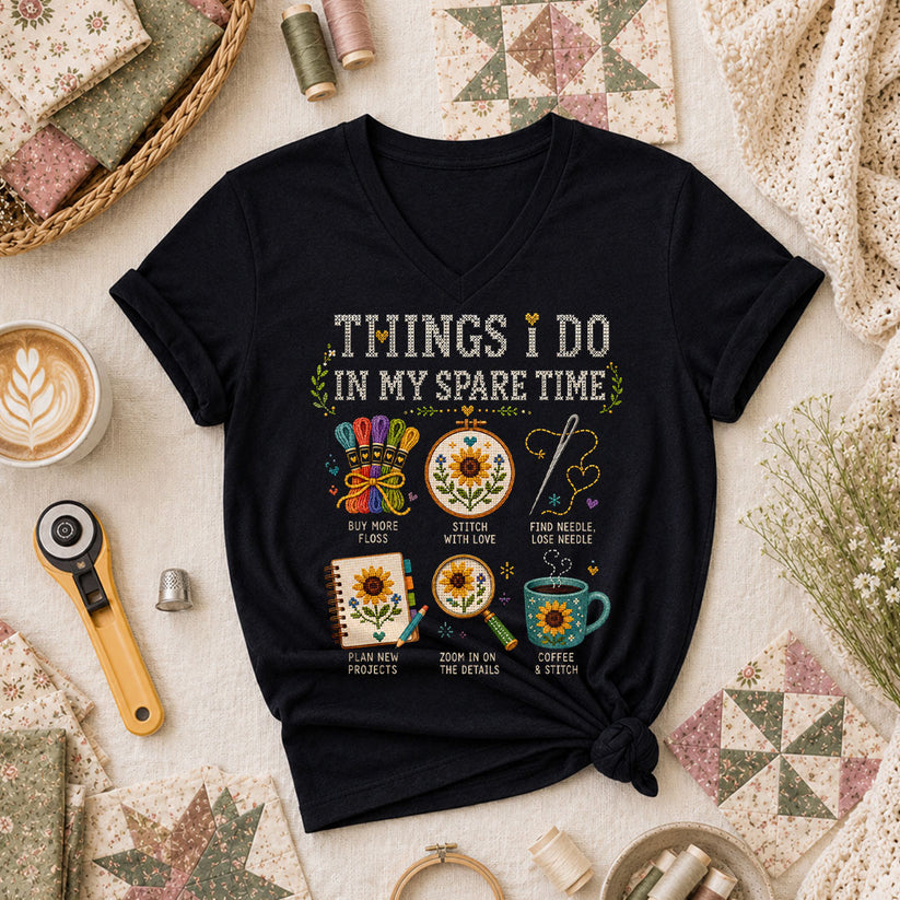 Things I Do In My Spare Time Cross Stitch Women's V-Neck - Black