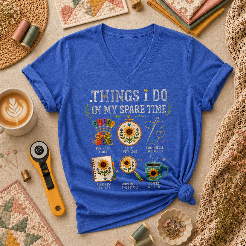 Things I Do In My Spare Time Cross Stitch Women's V-Neck - Heather True Royal