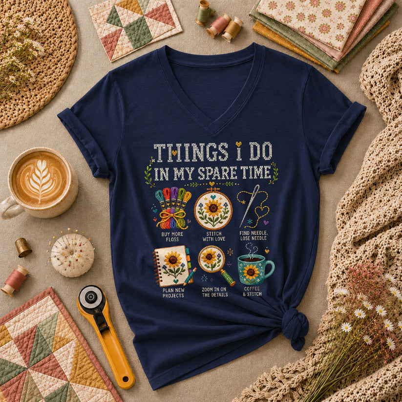 Things I Do In My Spare Time Cross Stitch Women's V-Neck - Navy