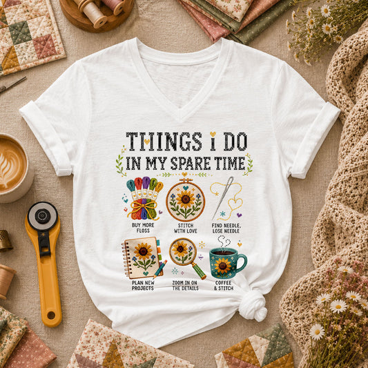 Things I Do In My Spare Time Cross Stitch Women's V-Neck - White