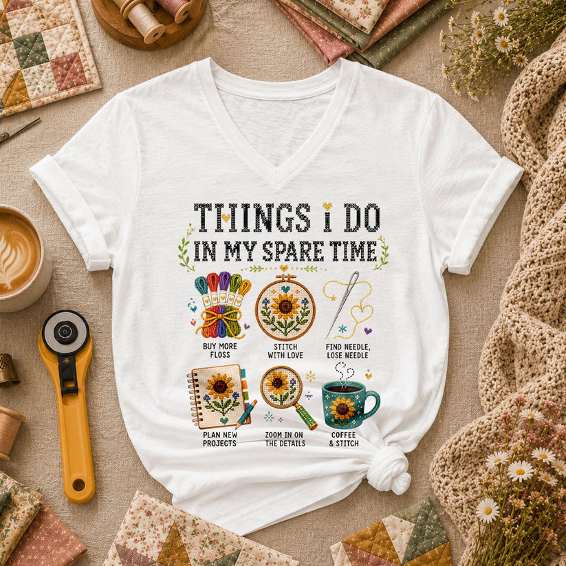 Things I Do In My Spare Time Cross Stitch Women's V-Neck - White