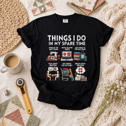 Things I Do In My Spare Time Quilt T-Shirt - Black