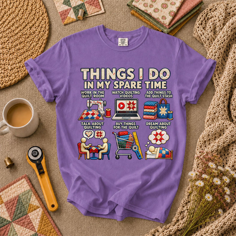 Things I Do In My Spare Time Quilt T-Shirt - Heather Team Purple