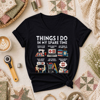 Things I Do In My Spare Time Quilt Women's V-Neck - Black