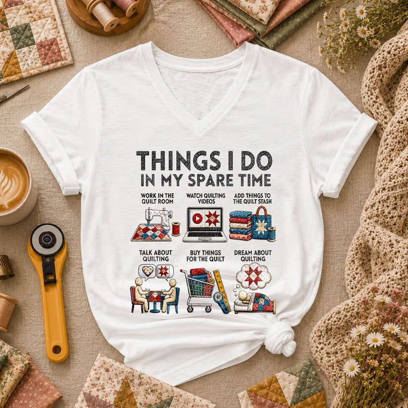 Things I Do In My Spare Time Quilt Women's V-Neck - White