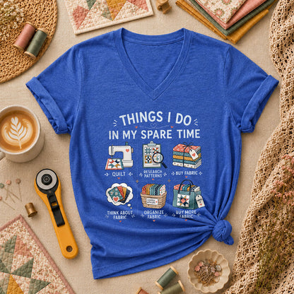 Things I Do In My Spare Time Quilter Fabric Women's V-Neck - Heather True Royal