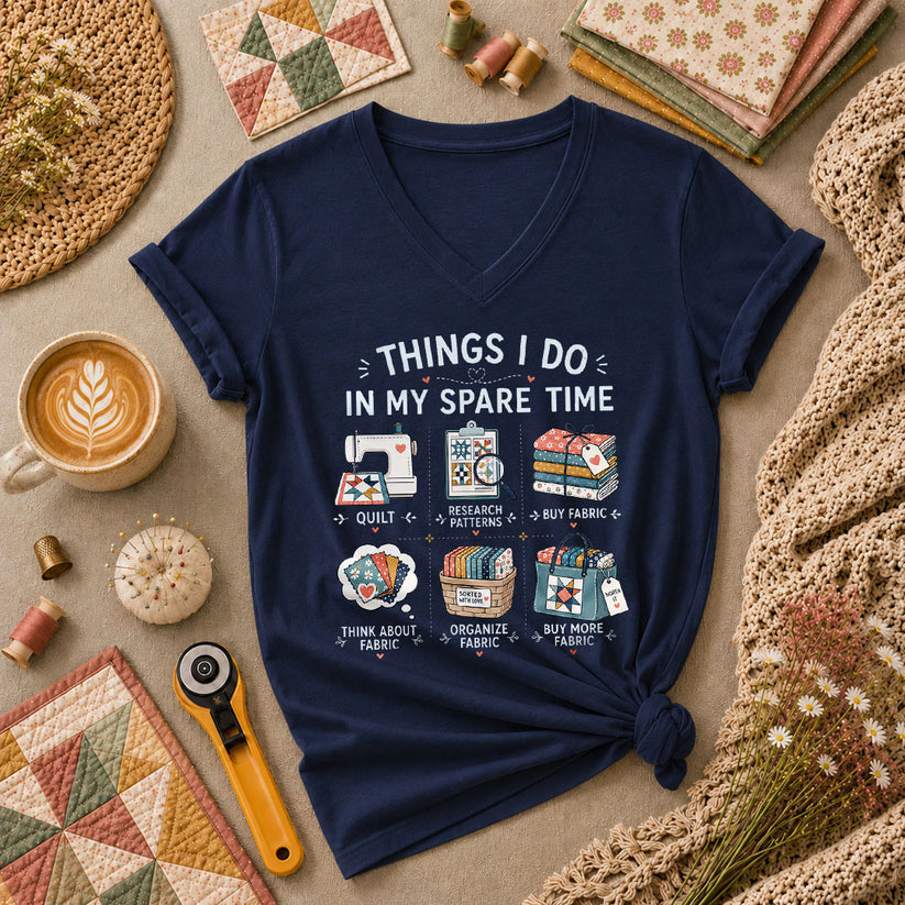 Things I Do In My Spare Time Quilter Fabric Women's V-Neck - Navy