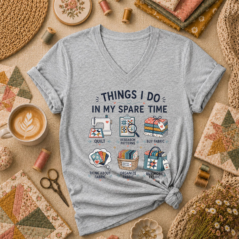 Things I Do In My Spare Time Quilter Fabric Women's V-Neck - Sport Grey