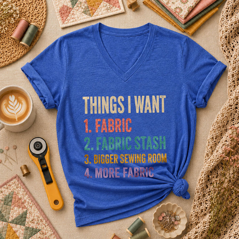 Things I Want Fabric List Women's V-Neck - Heather True Royal