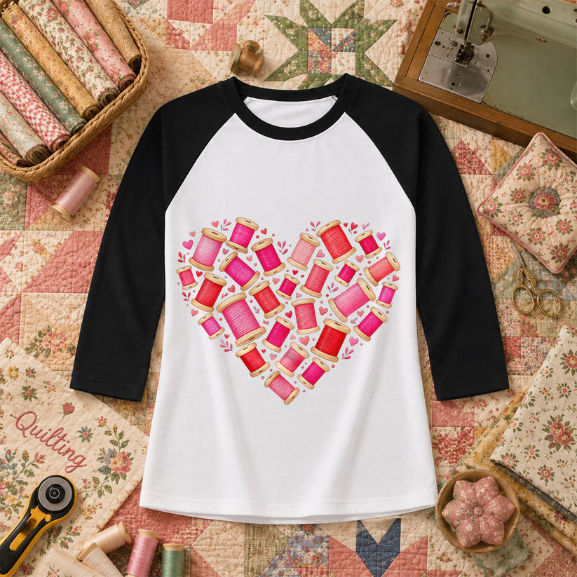 Thread Spool Heart Sewing Love Raglan Sleeve - Black