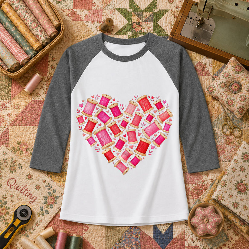 Thread Spool Heart Sewing Love Raglan Sleeve - Deep Heather