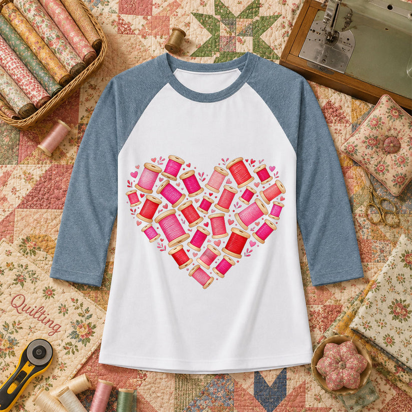 Thread Spool Heart Sewing Love Raglan Sleeve - Denim