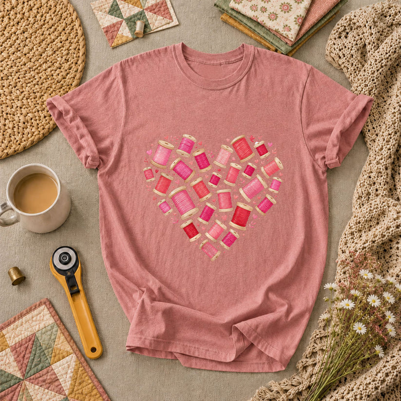 Thread Spool Heart Sewing Love T-Shirt - Heather Mauve