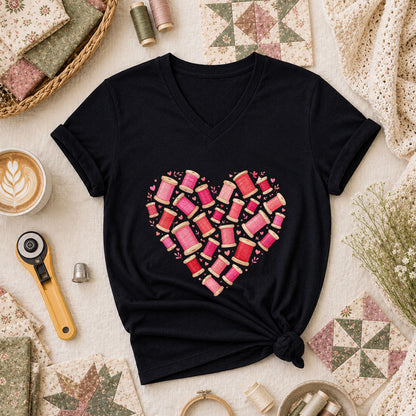 Thread Spool Heart Sewing Love Women's V-Neck - Black