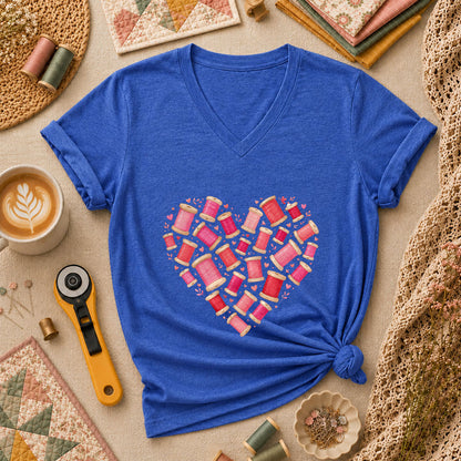 Thread Spool Heart Sewing Love Women's V-Neck - Heather True Royal