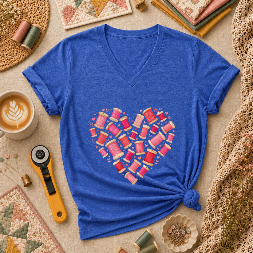 Thread Spool Heart Sewing Love Women's V-Neck - Heather True Royal