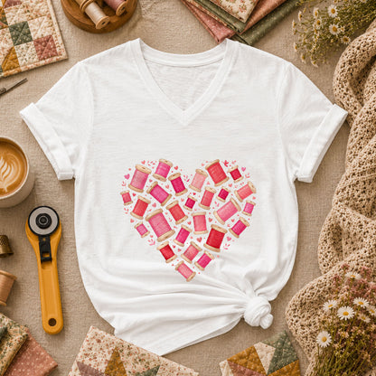 Thread Spool Heart Sewing Love Women's V-Neck - White