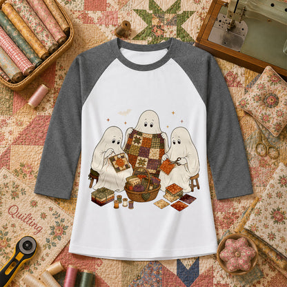 Three Ghosts Quilting Bee Halloween Raglan Sleeve - Deep Heather