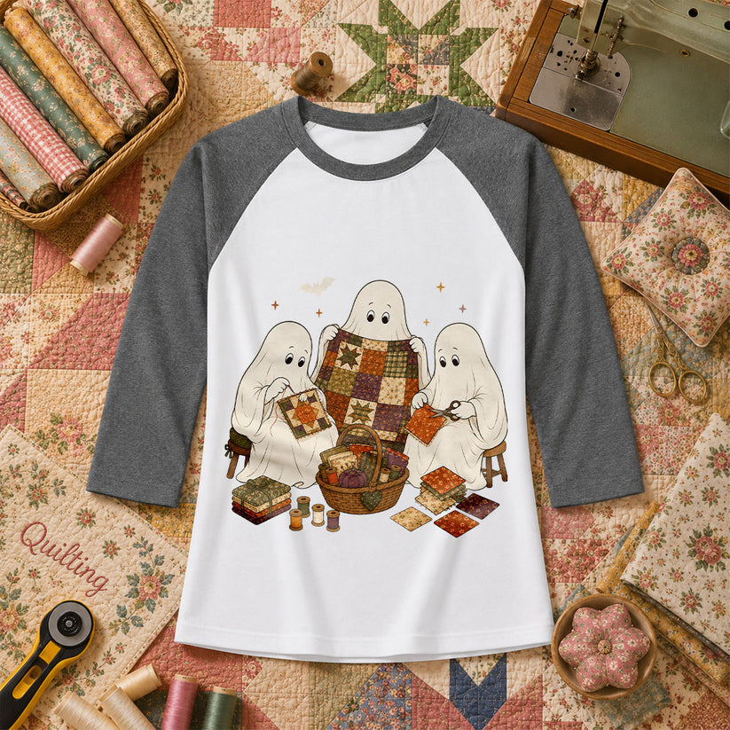 Three Ghosts Quilting Bee Halloween Raglan Sleeve - Deep Heather