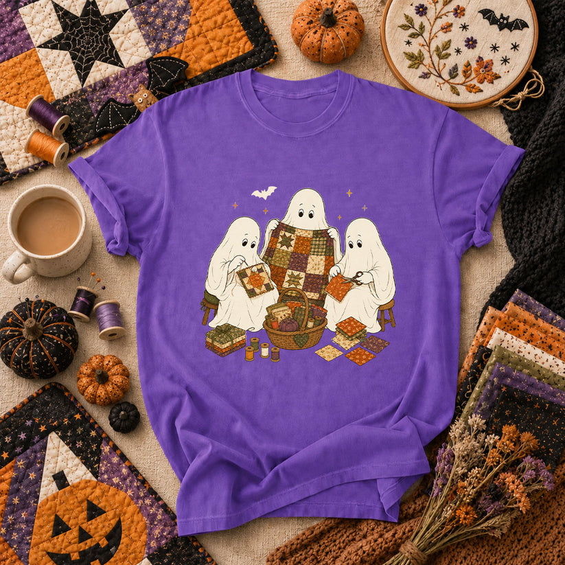 Three Ghosts Quilting Bee Halloween T-Shirt - Heather Team Purple