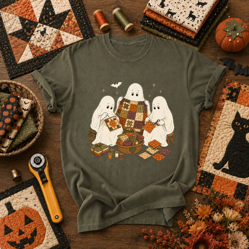 Three Ghosts Quilting Bee Halloween T-Shirt - Military Green