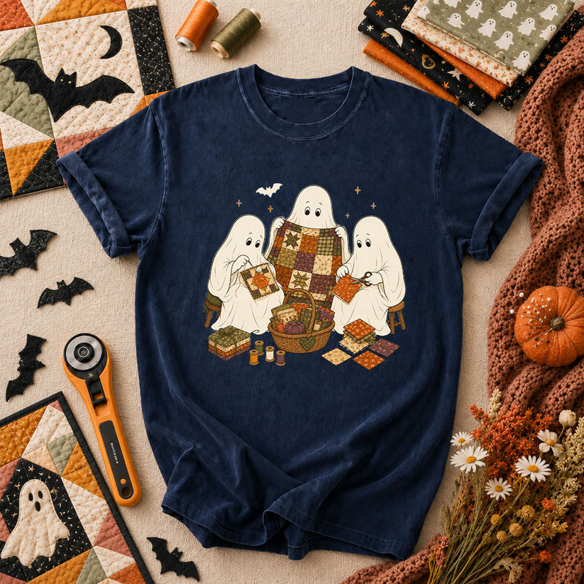Three Ghosts Quilting Bee Halloween T-Shirt - Navy