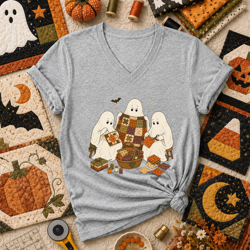 Three Ghosts Quilting Bee Halloween Women's V-Neck - Athletic Heather