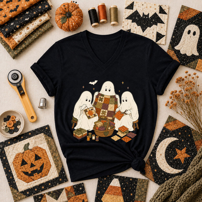 Three Ghosts Quilting Bee Halloween Women's V-Neck - Black