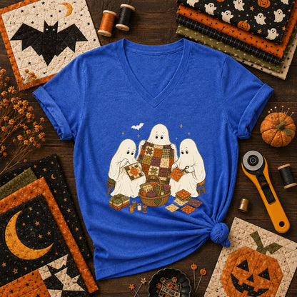 Three Ghosts Quilting Bee Halloween Women's V-Neck - Heather True Royal