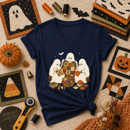 Three Ghosts Quilting Bee Halloween Women's V-Neck - Navy