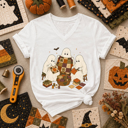 Three Ghosts Quilting Bee Halloween Women's V-Neck - White