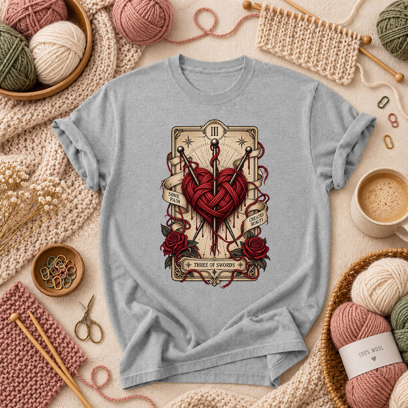 Three Of Swords Tarot Yarn Heart T-Shirt - Athletic Heather