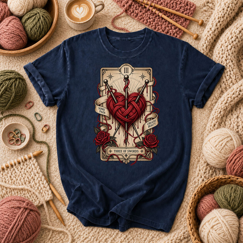 Three Of Swords Tarot Yarn Heart T-Shirt - Navy