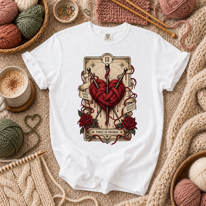 Three Of Swords Tarot Yarn Heart T-Shirt - White