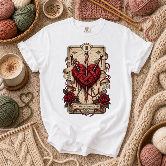 Three Of Swords Tarot Yarn Heart T-Shirt - White