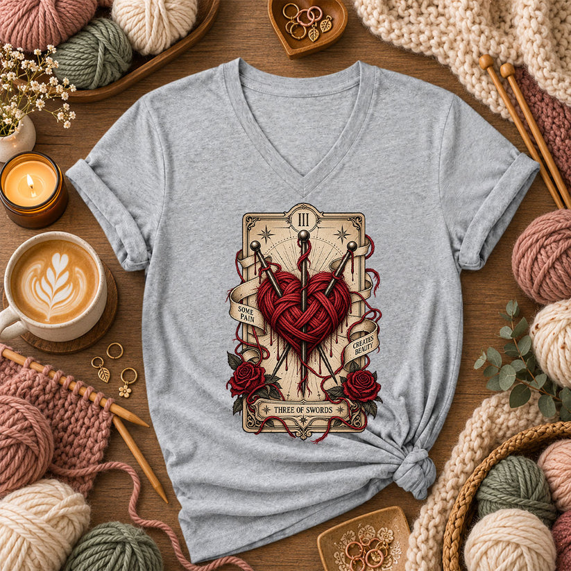 Three Of Swords Tarot Yarn Heart Women's V-Neck - Athletic Heather