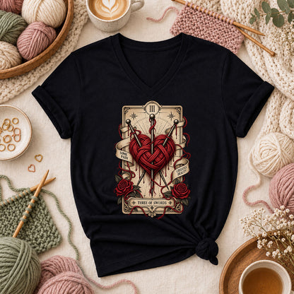 Three Of Swords Tarot Yarn Heart Women's V-Neck - Black
