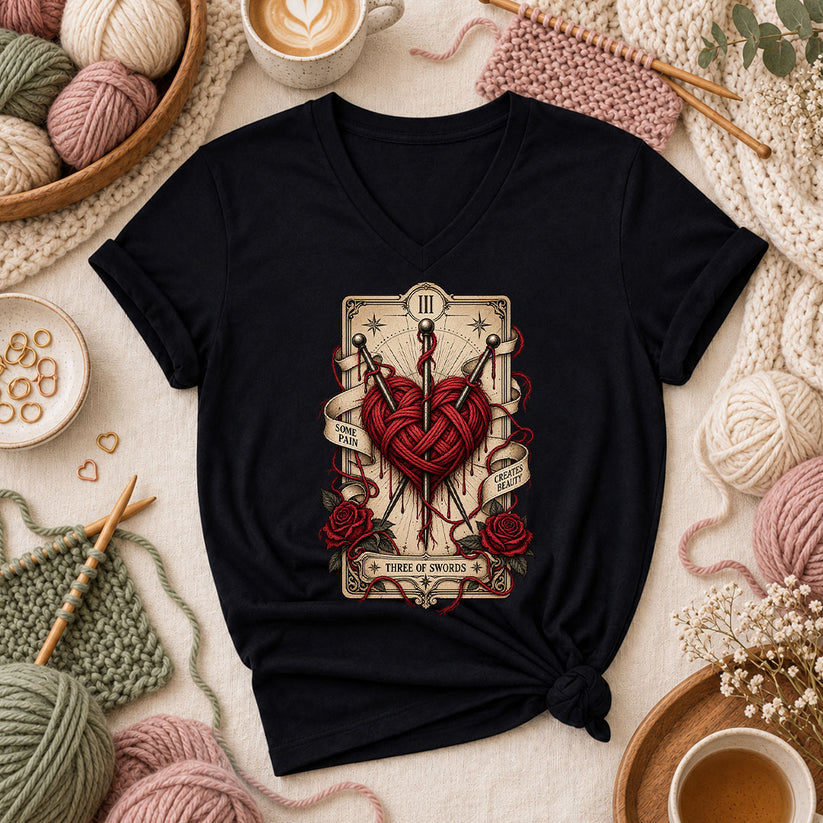 Three Of Swords Tarot Yarn Heart Women's V-Neck - Black