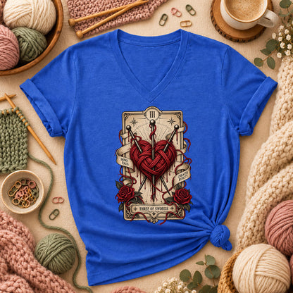 Three Of Swords Tarot Yarn Heart Women's V-Neck - Heather True Royal