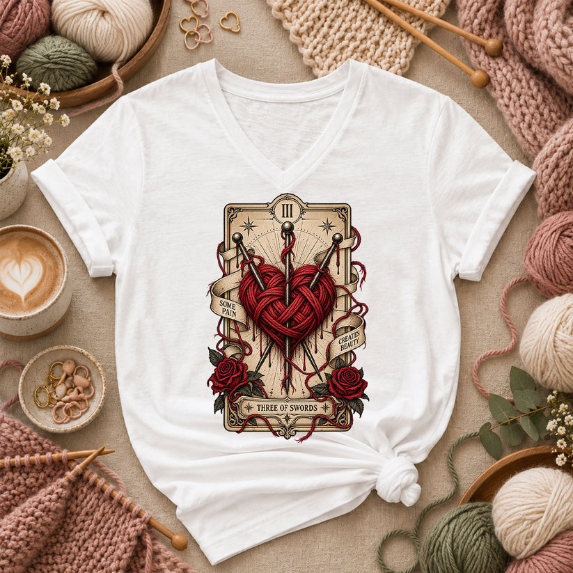 Three Of Swords Tarot Yarn Heart Women's V-Neck - White