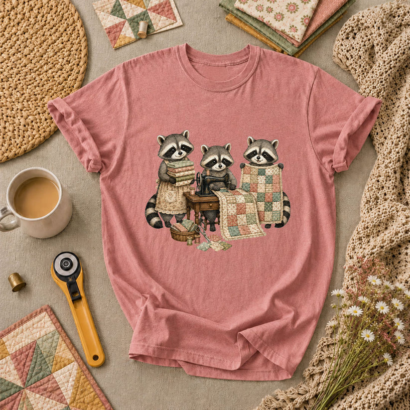 Three Raccoons Quilting Together Sewing Machine T-Shirt - Heather Mauve