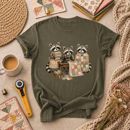 Three Raccoons Quilting Together Sewing Machine T-Shirt - Military Green