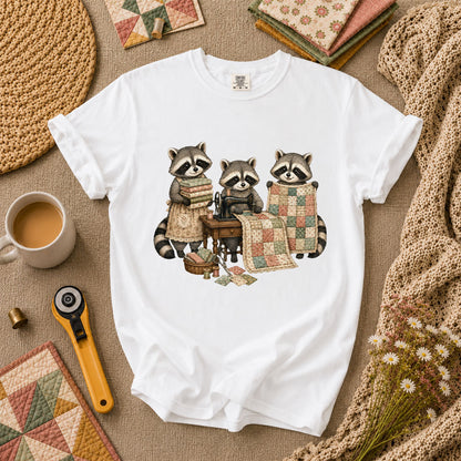 Three Raccoons Quilting Together Sewing Machine T-Shirt - White
