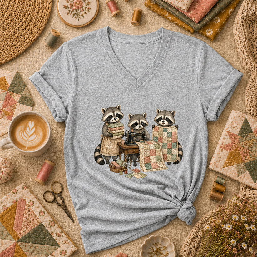 Three Raccoons Quilting Together Sewing Machine Women's V-Neck - Athletic Heather
