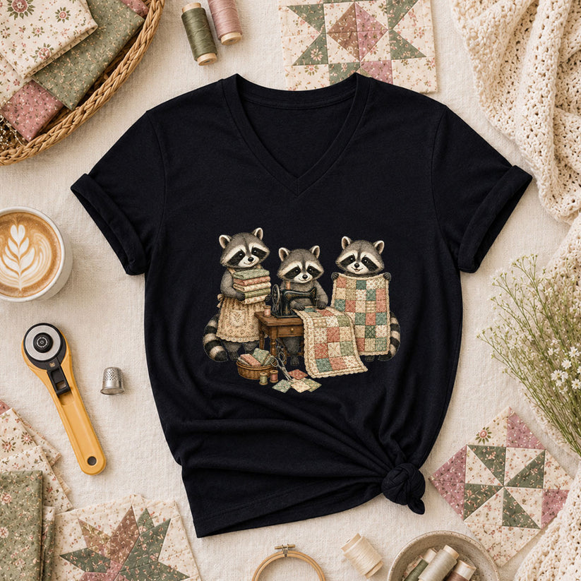 Three Raccoons Quilting Together Sewing Machine Women's V-Neck - Black